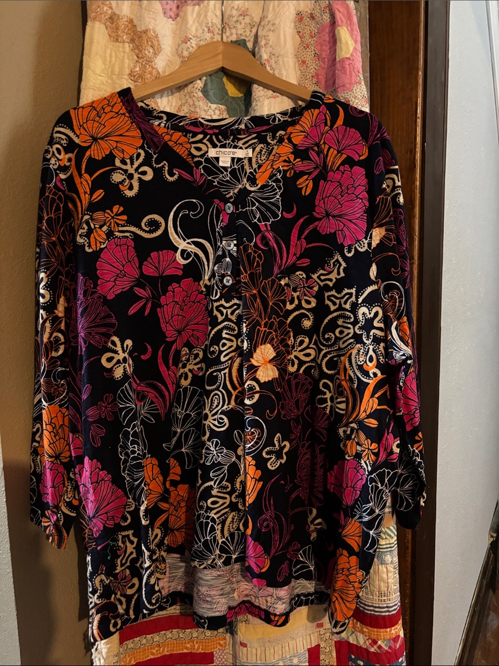 Chico's Black Floral Button-Front Tunic with Pink & Orange Blooms